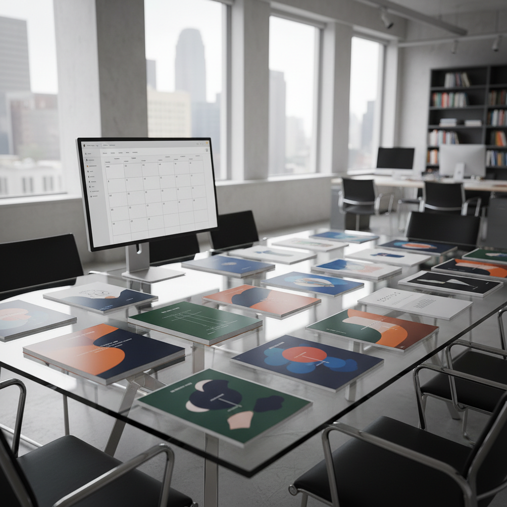 A polished glass conference table in a contemporary publishing house, covered with neatly arranged printed mockups of book covers and magazine layouts, each featuring abstract icons and color fields without legible text. Alongside them, a large, slim monitor displays a clean, grid-like interface of rectangles and thin lines, subtly hinting at scheduled news posts with dates and categories. Cool, diffused daylight streams in from floor-to-ceiling windows, reflecting softly off the glass surface and metallic details. The scene is photographed from a slightly elevated angle, showcasing the entire table layout with moderate depth of field. The atmosphere is strategic and meticulous, emphasizing professional editorial planning and the trustworthy decision-making behind every publication.
