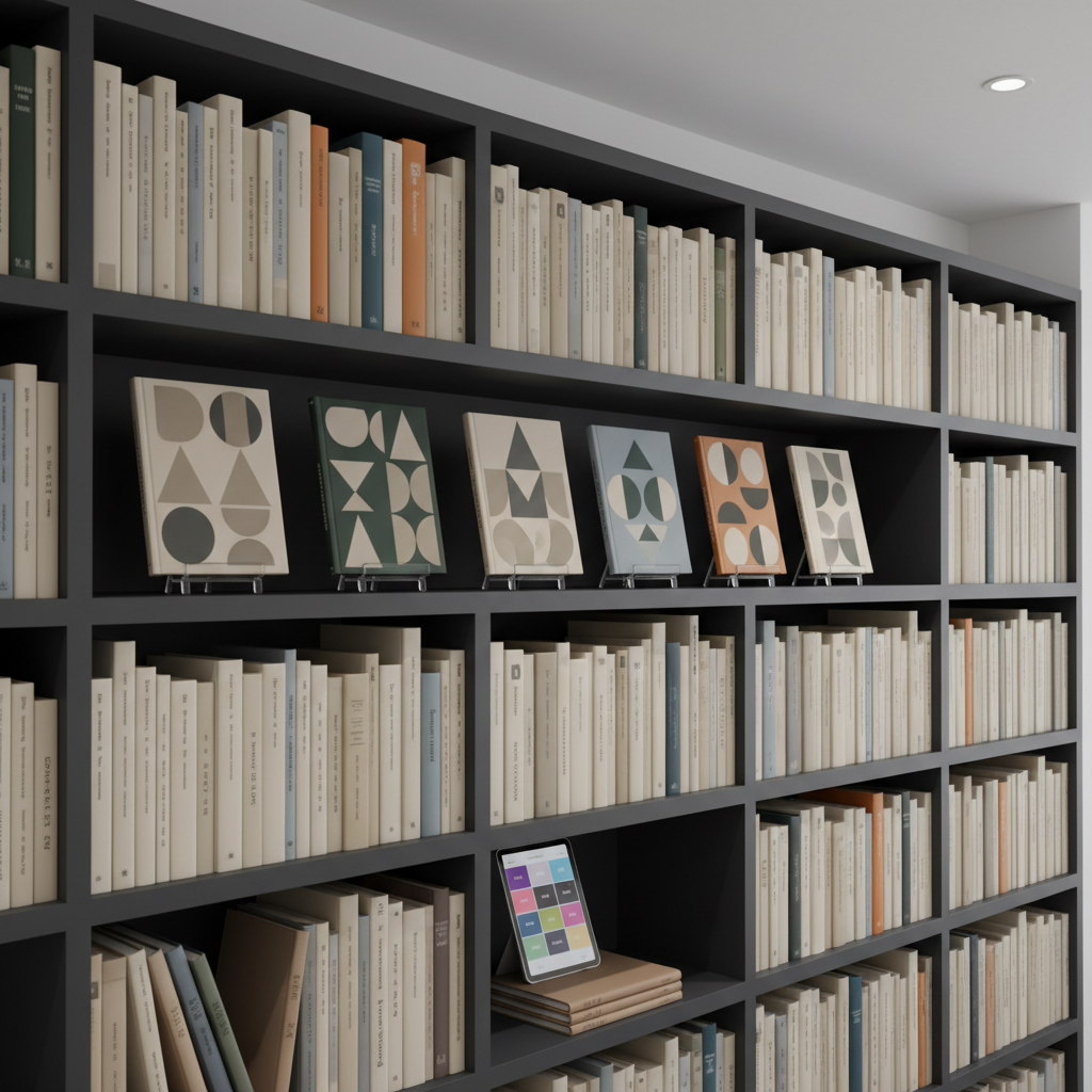 A close-up, photographic image of an elegant bookshelf wall in a modern publishing office, filled with neatly aligned book spines in coordinated neutral colors and a few bold accent tones. On one shelf, several front-facing book covers are displayed on simple acrylic stands, each cover featuring abstract shapes and patterns instead of titles or author names. A sleek digital tablet leans against a stack of notebooks, its screen showing a blurred grid of colored rectangles representing news articles and publication dates. Soft, even overhead lighting produces a clean, shadow-free look. Captured from a slightly angled perspective with sharp focus throughout, the mood is orderly, reliable, and highly professional, suggesting a trusted publisher’s curated catalog and news hub.