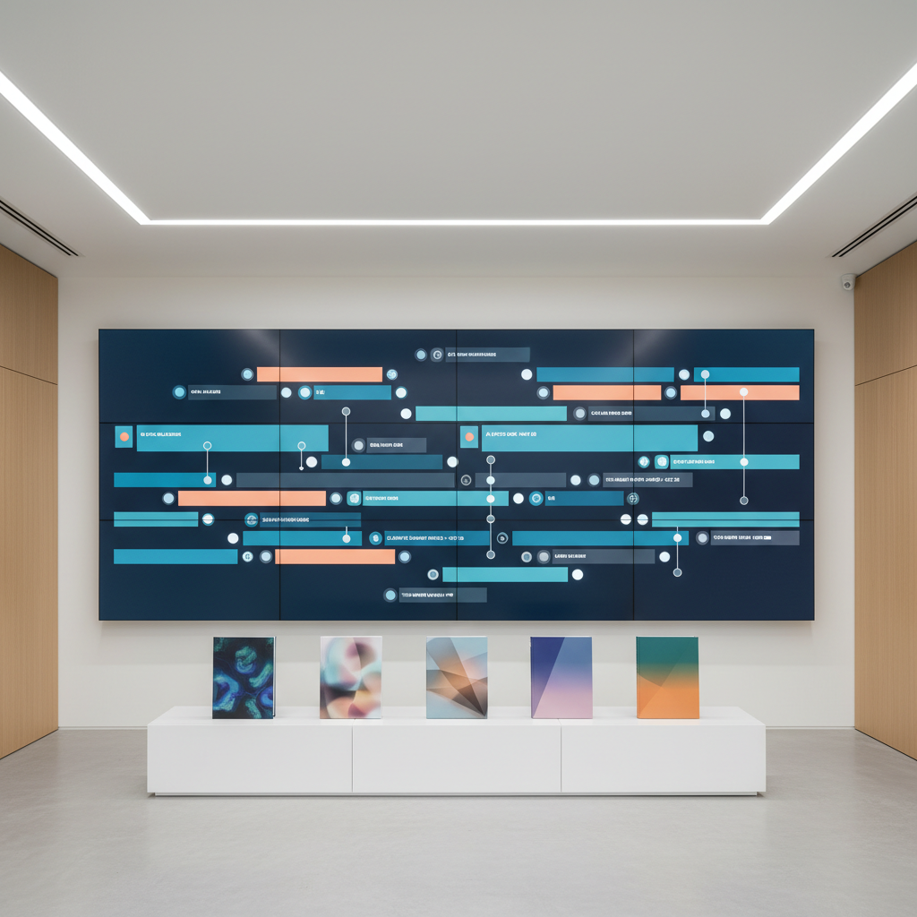 A sophisticated media dashboard scene with a large, wall-mounted digital display in a modern office, showing an abstract timeline of colored blocks and small circles suggesting articles, book releases, and time-stamped news updates. Below, a minimalist white console holds an array of standing book mockups, each with tasteful, photographic-style covers featuring abstract art and subtle gradients. The room has a neutral palette of whites, grays, and soft wood tones, with clean architectural lines. Balanced, indirect lighting from recessed ceiling fixtures creates an even, professional ambiance without harsh shadows. Photographed straight-on with wide framing and sharp focus, the composition feels structured and data-driven, embodying a reliable, future-focused publisher coordinating both long-form books and timely news content.
